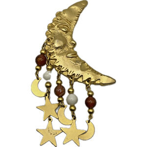 Norma Jean Signed Crescent Moon Face Brooch Star Dangles Celestial Vintage